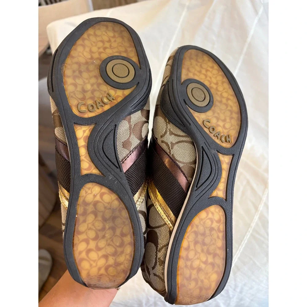 Coach Jayme Signature Jacquard Khaki Brown Gold Sneakers Q582 Womens 7.5M